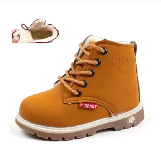Yellow Fur Детская одежда новые женские зимние ботинки; теплые зимние плюшевые тапочки на шнуровке, женские ботильоны, теплые ботинки для мальчиков обувь модные кожаные из мягкой флисовой ткани, Нескользящие ботинки для девочек EU 21-30 - Цвет: Yellow Fur