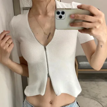 

Women Sweater Spring / Summer 2020 Irregular Cardigan Zipper Design Short Sleeve Sweater T-shirt Women