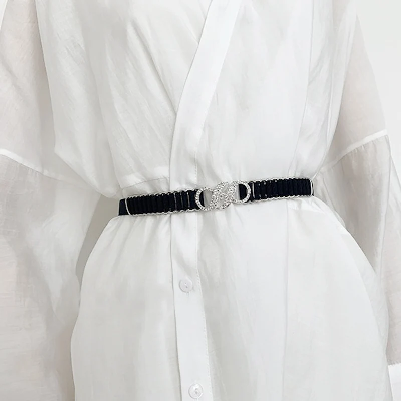 

New Fashion Elastic Waist Belt Women All-match Metal Pearl Button Waist Strap Luxury Designer Ladies Dress Black Thin Waistband
