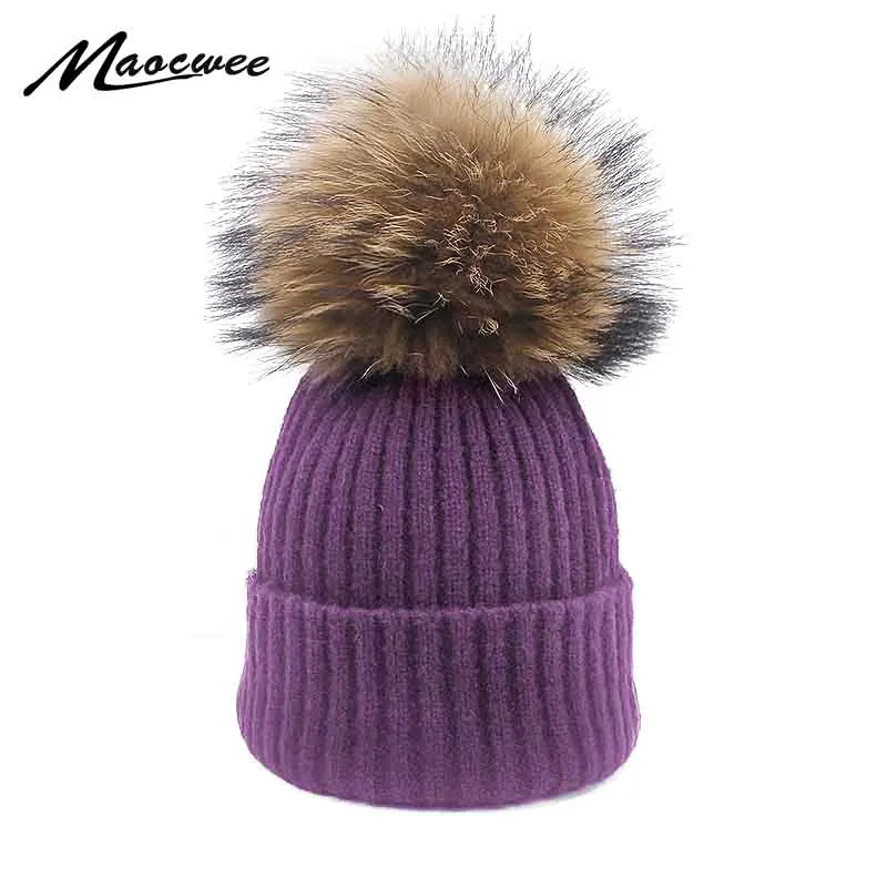 Новинка, женские зимние шерстяные шапки в стиле бини с натуральным меховым помпоном, Повседневная модная вязаная шапка, Толстая Женская шапка Skullies Beanies
