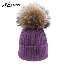 Новинка, женские зимние шерстяные шапки в стиле бини с натуральным меховым помпоном, Повседневная модная вязаная шапка, Толстая Женская шапка Skullies Beanies