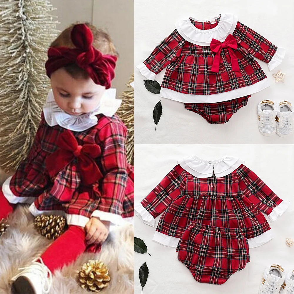 Одежда для новорожденных девочек красное платье в клетку с длинными рукавами и оборками топы+ шорты, комплект одежды, рождественские платья принцессы D20