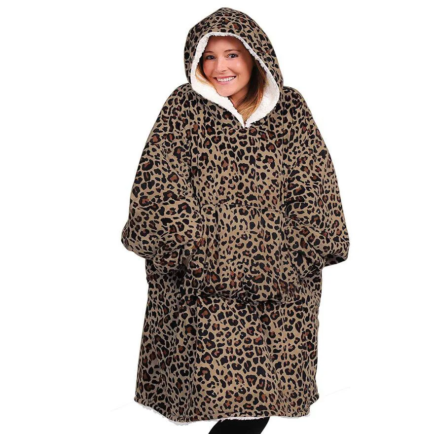 Leopard Fleece Sherpa Blanket with Sleeves Super Huge Warm Outdoor Pocket Hoodie Adult Winter Hooded TV Blankets Sweatshirt