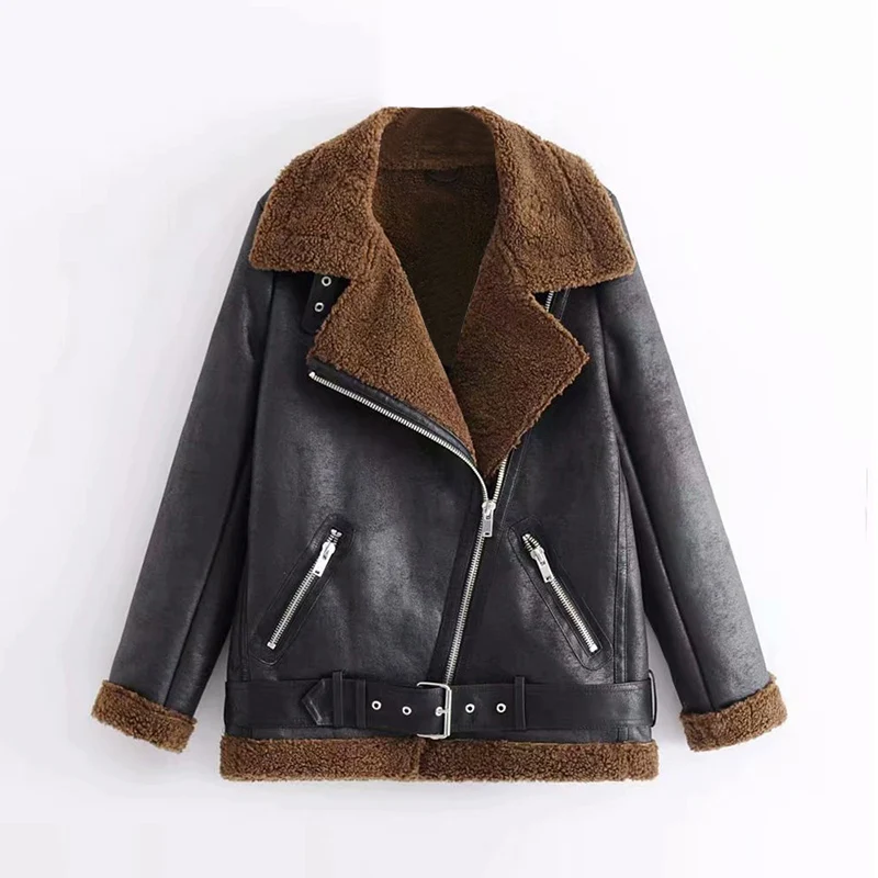 Женская Байкерская стильная куртка из искусственной кожи на молнии с поясом, украшенная уличной одеждой, пальто с длинным рукавом, утепленные Топы Deri Ceket - Цвет: Black