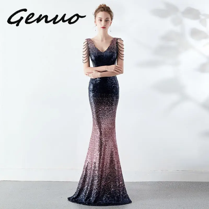 Genuo, новинка, Trajes De Gala, v-образный вырез, вечерние платья, сексуальные, с блестками, на молнии, сзади, Русалка, в пол, Vestido De fiesta largo - Цвет: Розовый