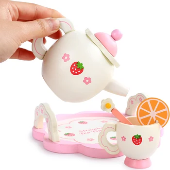 

Wooden Mini Tea Set Toy Cup Teapots Tray for Children Kids Kitchen Role Playing Game HFing