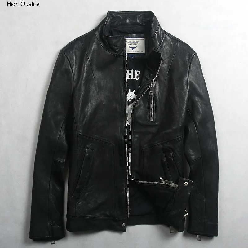 

Avrexmen Men's fashion slim fit genuine leather jacket with front pocket black washed sheepskin real leather jacket men