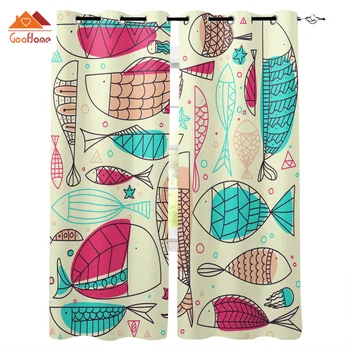 

Fish Stick Figure Colored Window Curtains Living Room Outdoor Fabric Drapes Curtain Home Decor