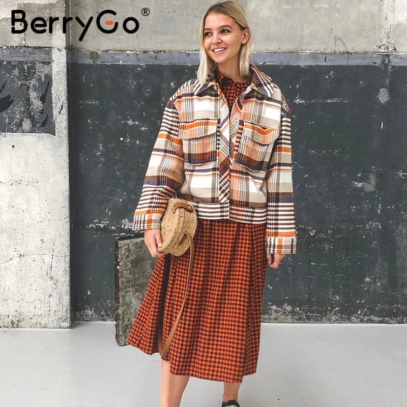 wonderful  BerryGo Single breasted women plaid jacket coat Long sleeve Streetwear oversize ladies coat casual 