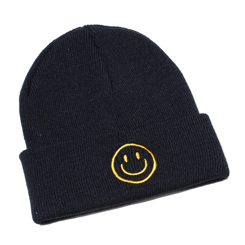 Smiley face Beanie женские и мужские хлопковые шапки-бини, одноцветная хип-хоп Skullies, зимние трикотажные изделия, вязаная шапка унисекс