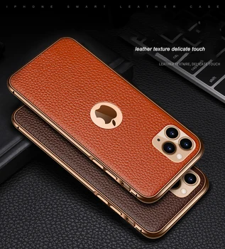 

luxurious Business Case For iPhone 11 Pro X Xs Max XR 7 8 Plus Metal frame + cowhide leather back cover Case