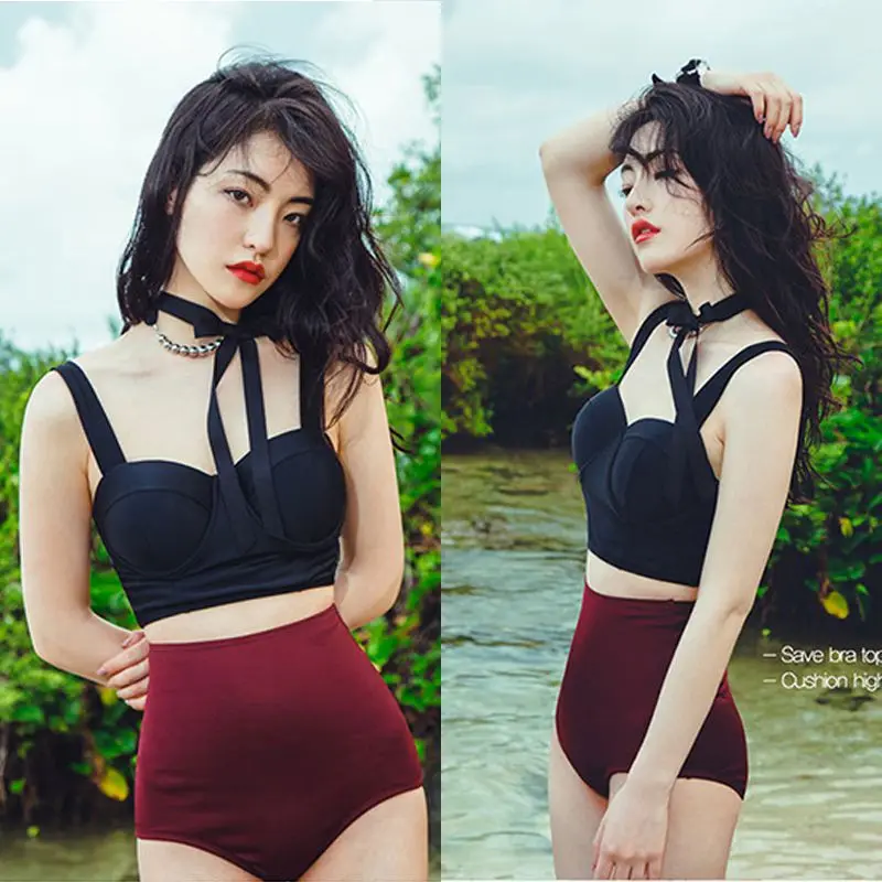 

Women Sexy Sweet Solid Color Simple High Waist Halter Cross Strap Bandage Split Bikini Set Swimsuit Fresh Beachwear