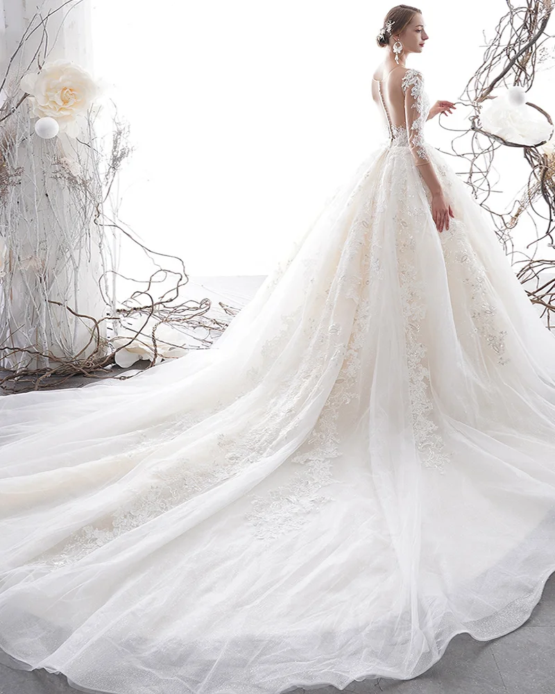 Vestido De Noiva Princesa три четверти рукава пуговицы сзади бисер аппликации блестящая Роскошные свадебные платья