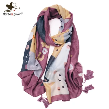 

Marte&Joven 2019 New Cartoon Cat Pattern Wine Red Scarf for Ladies Soft Spring Autumn Warm Pashmina Women Long Shawl