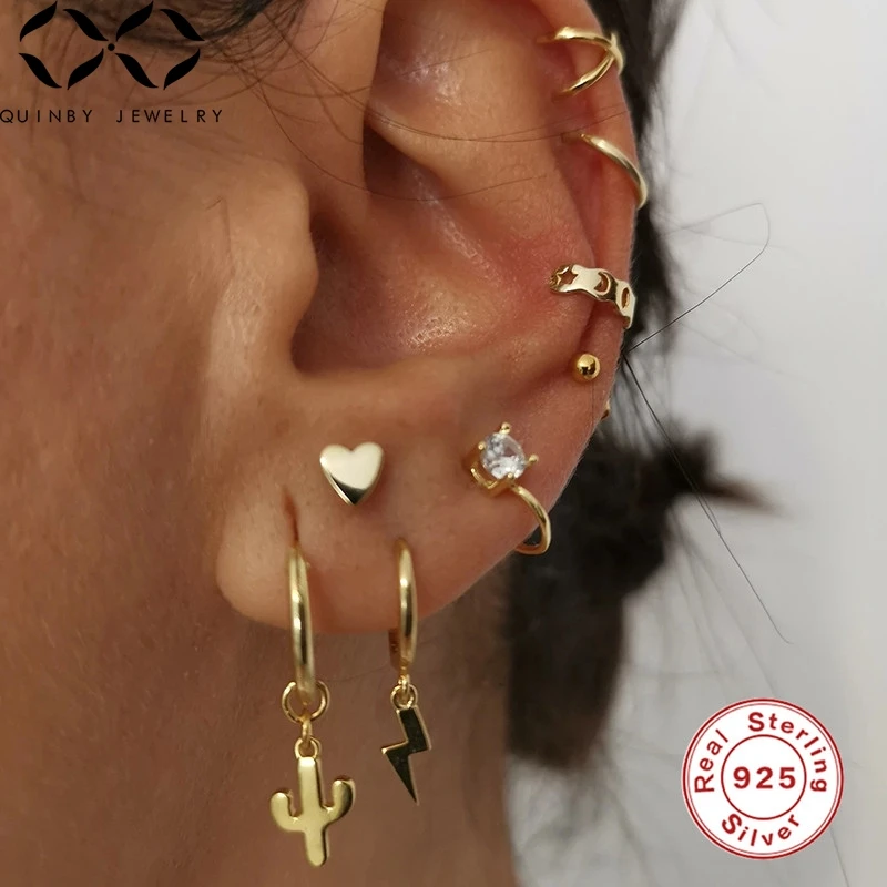 

Real 925 Silver Earrings For Women Gold Cactus Pendant Earring Girl Ear Bone Piercing Earring Punk Female Plant aretes Q5