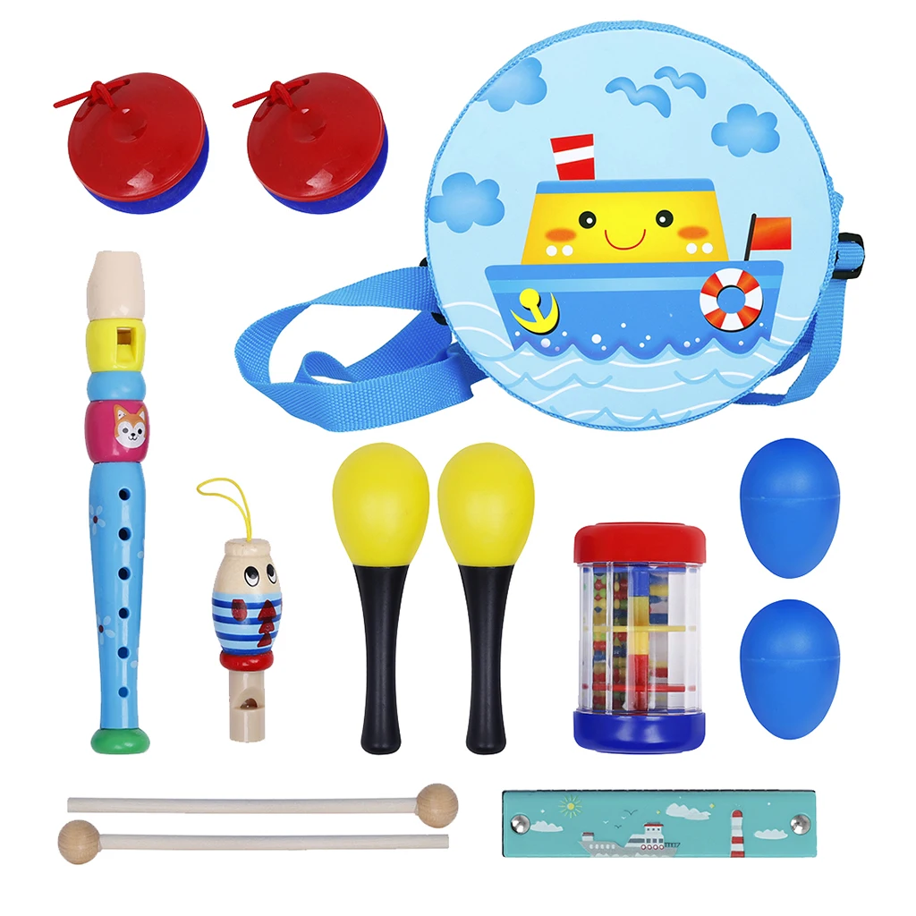 8pcs/set Kids Musical Instrument Toys Kit Double-sided Drum Clarinet Fish Whistle Rain Sounder Cartoon Harmonica for Girls Boys