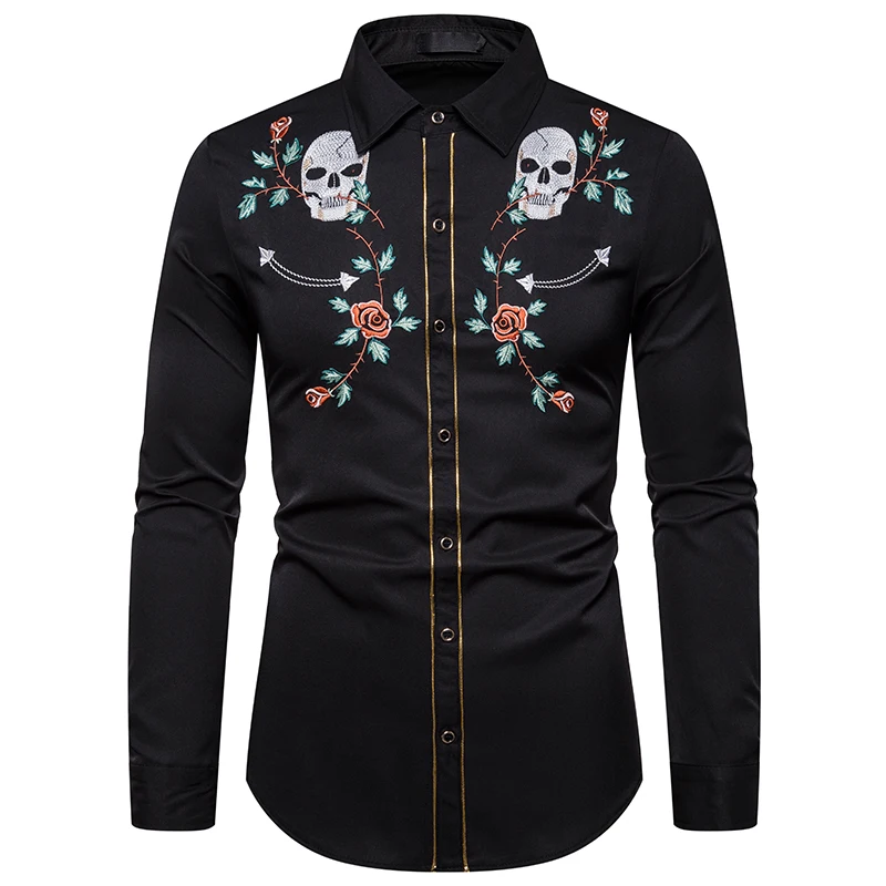 PUIMENTIUA 2019 New Mens Western Cowboy Skull  Flower Embroidery Shirt Slim Fit Casual Long Sleeve Button Down Party Male Shirts