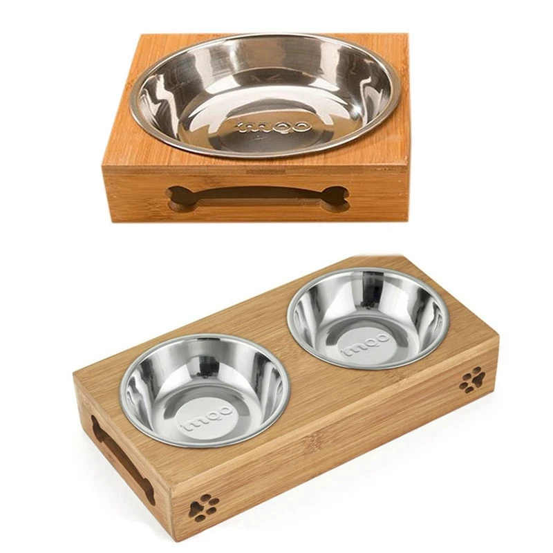 

New ular Cat Dog Pet Stainless Steel Feeding and Drinking Bowls Combination with Bamboo Frame for Dogs Cats