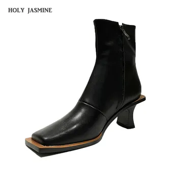 

New Genuine Leather Women Boots 2020 Spring/Autumn Square Toe Strange Style Ankle Boots for Ladies High (5cm-8cm) Rubber Basic