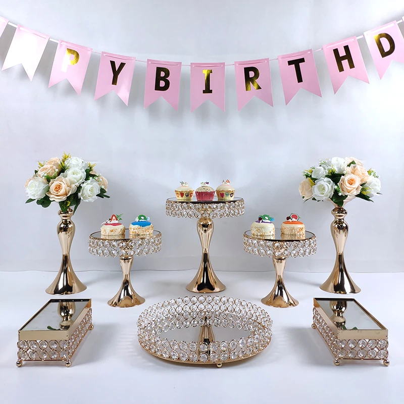 mirror Crystal beads cake stand set gold plated surface dessert stand wedding party table decoration baking tool