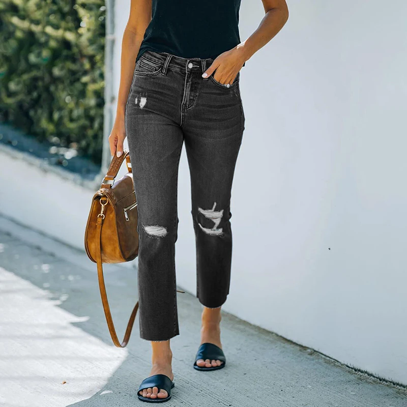 2022 New Trend Women's Jeans Ripped Blue Fashion High Waist Streetwear Stretch Slim Fit Casual Vintage Pencil Pants