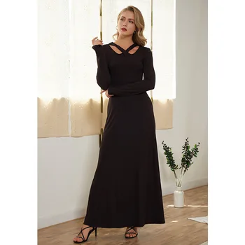 

Autumn Women Fashion Casual Solid Black Party Dress Long Sleeve Slim Maxi Dress Halter Neck A Line Flowy Elegant Office Dress