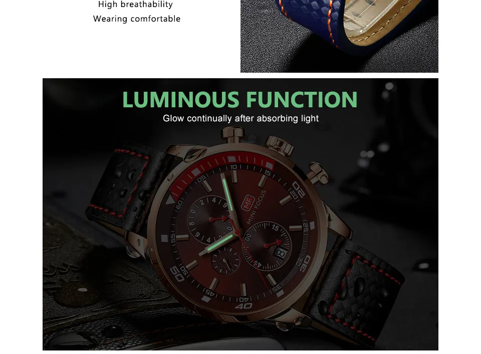 MINIFOCUS Роскошные брендовые модные мужские часы с кожаным ремешком водонепроницаемые кварцевые часы светящиеся стрелки спортивные часы мужские часы