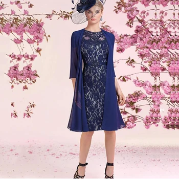 

Modest Royal Blue Short Lace Knee Length Mother of the Bride Dresses With Detachable Coat Mother of the Groom Gowns Beaded