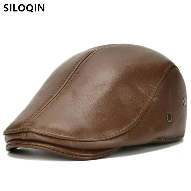 

SILOQIN New Autumn Winter Warm Earmuff Hats Men's Genuine Leather Cap Cowhide Berets Snapback Caps Men Ear Protection Winter Hat