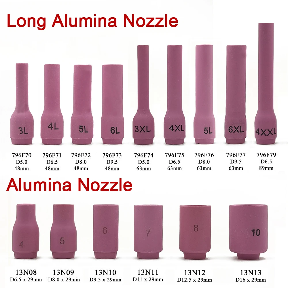Kit 10 Tazze Ugello In Allumina Per TIG – Compatibili Con WP-9, WP-17, WP-18, WP-20, WP-22, WP-25, WP-26 – Diverse Lunghezze, In Scatola