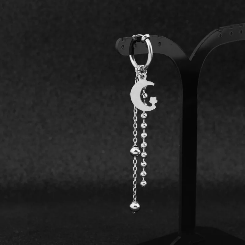 Idol Korean Boys Stainless Steel Punk Stud Earrings Moon Star Long Chain Pendant Women Men Rock Hip Hop Hipster Grunge Ear Clip stud earrings chain ear clips pendant earrings long earrings