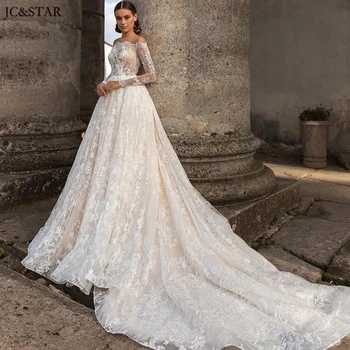 

Lace vestido noiva boho new OFF shoulder long sleeve see the beach wedding dress Cathedral Train bride dress robe de mariee