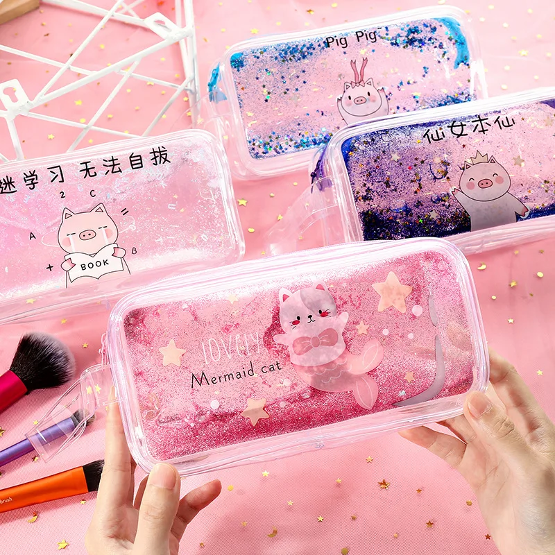 

Korean-style GIRL'S Heart Oil into Quicksand Pencil Case Women's INS Simple Network hong cayi Sequin Transparent Large-Volume St