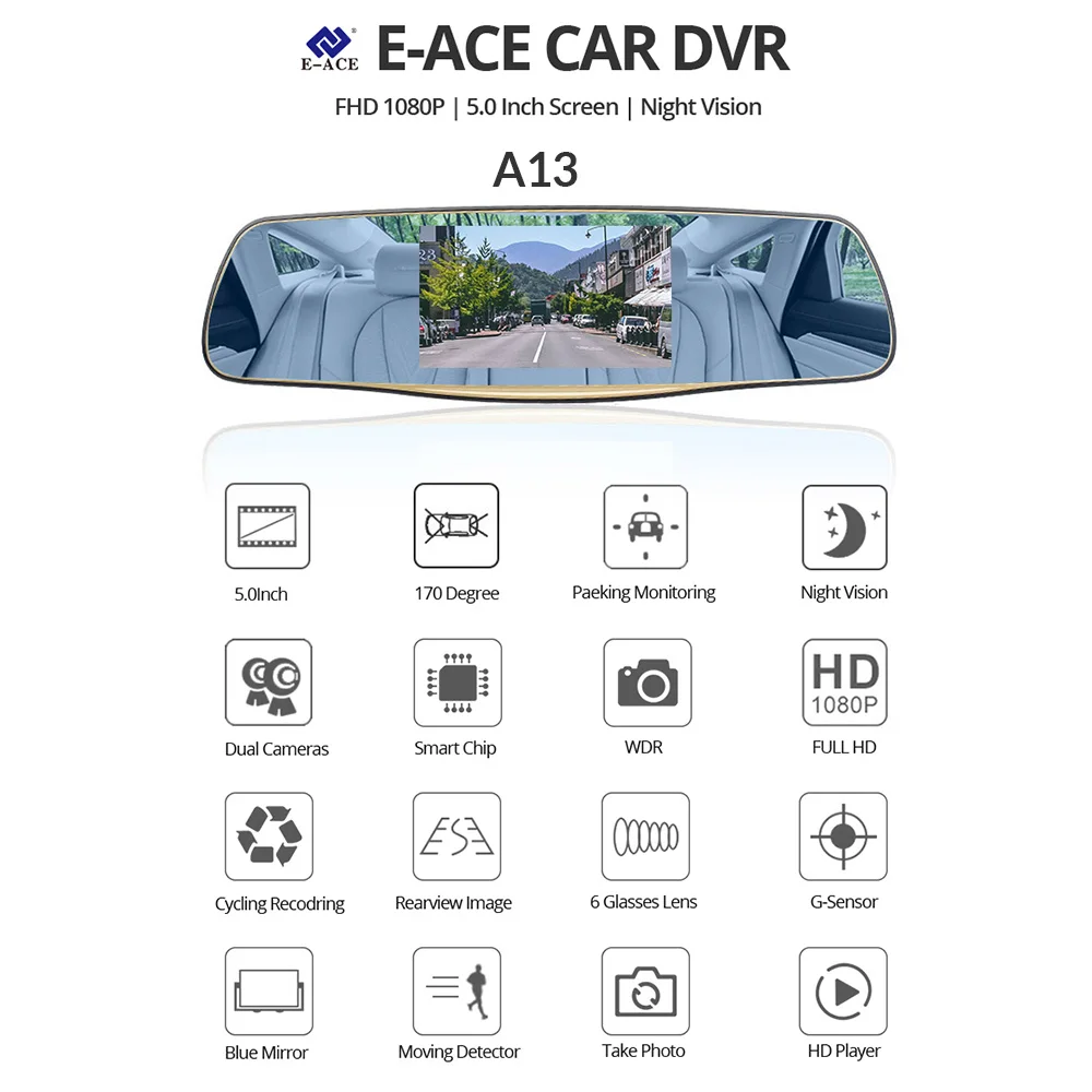  E-ACE Car Camera 5 Inch DVRs With Dual Camera Lens Full HD 1080P 30FPS Video Registratory Rearview 