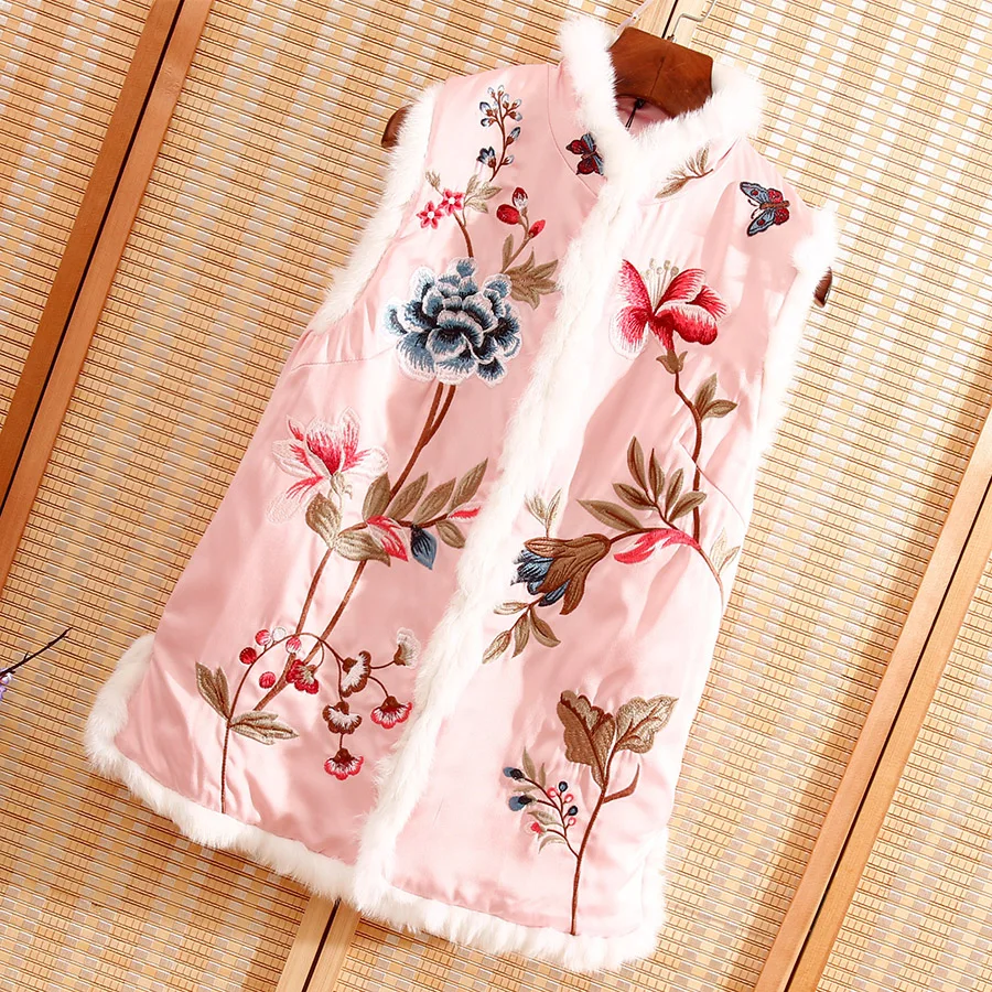 High-end New Autumn Women Cotton Vest Top Stitching Rabbit Hair Chinese Style Retro Embroidery Elegant Lady Sleeveless Vest