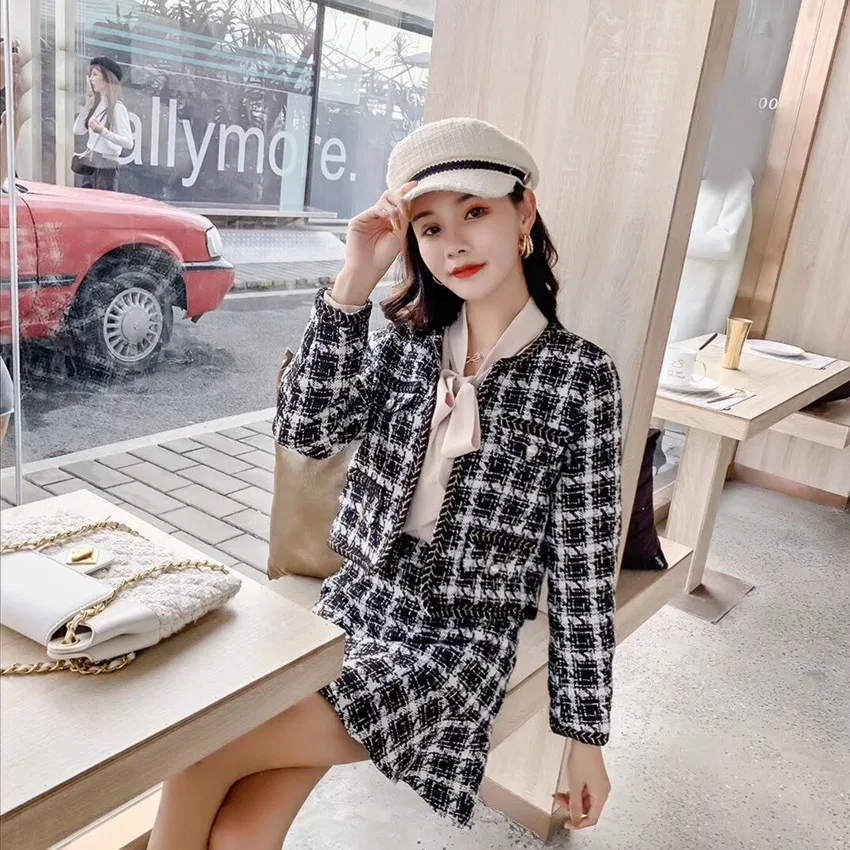 Черный Small fragrant Wind Tweed Suits Fall Winter Women Pink Plaid Weave Woolen Jacket Coat+ Tassel Ruffles Mermaid Bodycon Skirt Set - Цвет: Черный