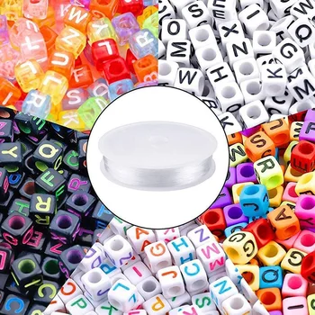 

1400 5-Color Acrylic Alphabet Square Beaded Alphabet Beads with 1 Roll of 50M Crystal Rope for Jewelry Making (6mm)