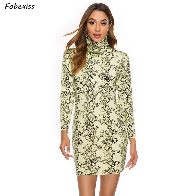 

Turtleneck Sweater Dress Snake Print Sheath Dress Winter 2019 Korean Style Woman Dress Autumn Pullovers Knitted Long Sweaters