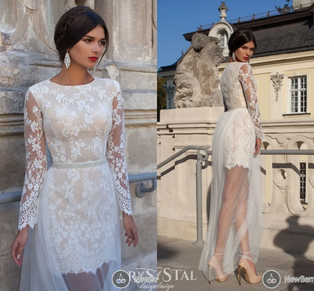 

Charming Lace Ankle-Length Sweetheart O-Neck Full Sleeve Short Women Wedding Dress Bridal Gown Vestidos Boda MujerF181