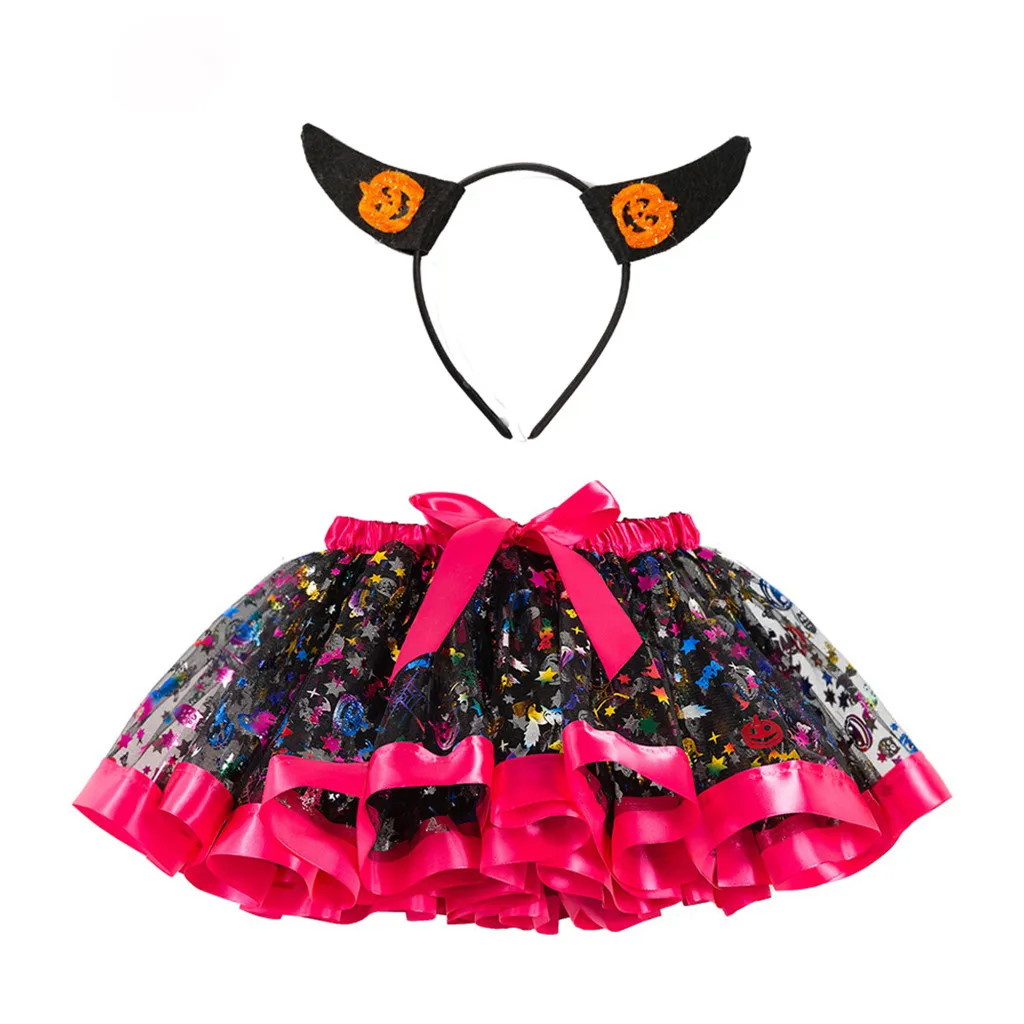 Детская модная юбка-пачка для девочек на Хэллоуин, повязка на голову, вечерние танцевальная бальная юбка для девочек, костюм с бантом для малышей, юбка, повязка на голову - Цвет: Розово-красный