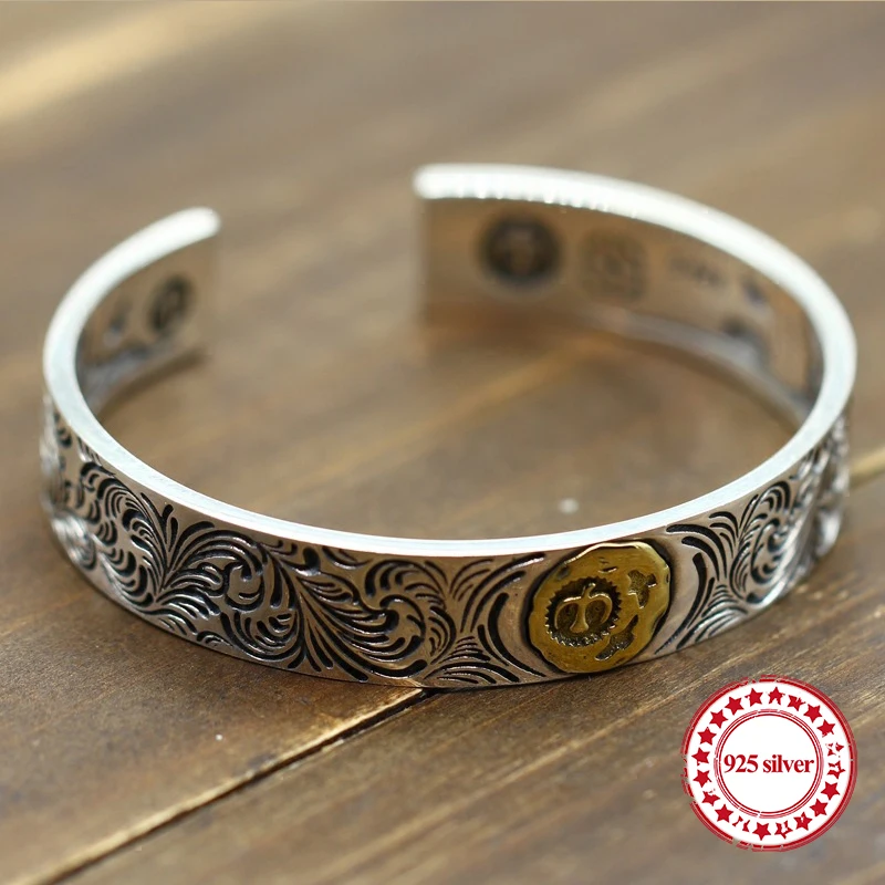 

Sterling Silver Open Bangle personalized retro fashion Indian brass Eagle Feather Style high-end carved simple bracelets gift