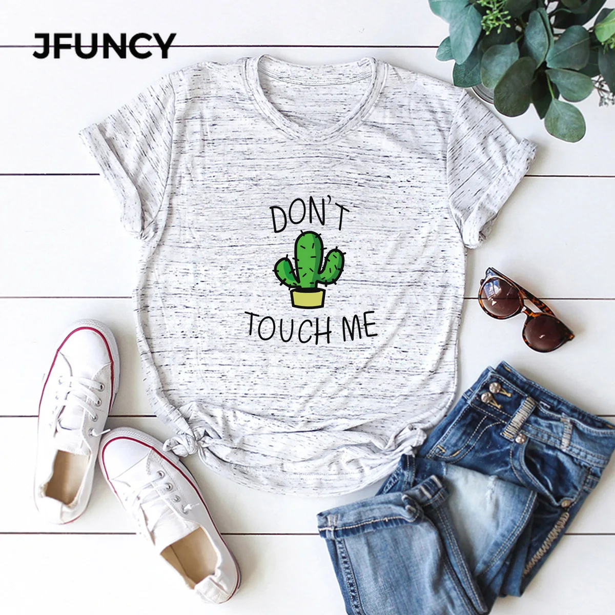 Футболка JFUNCY женская оверсайз с креативным принтом кактуса Свободный Топ из 100%