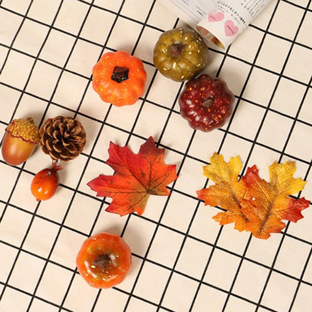 Artificial Pumpkins With Artificial Maple Leaves Autumn Color Series Desktop Decoration For Halloween Thanksgiving
