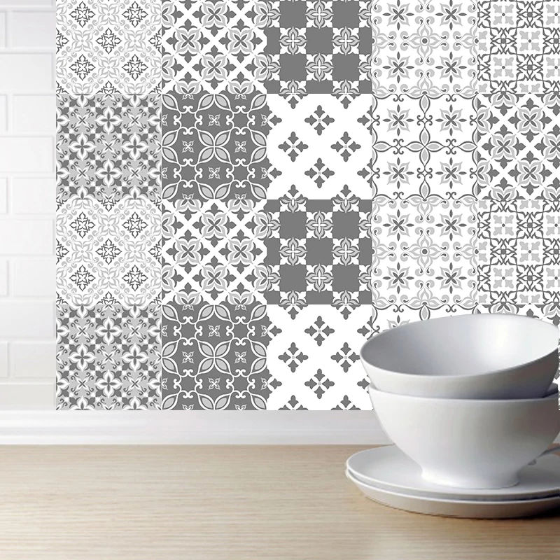 

Retro geometry Self Adhesive Tile Backsplash Grey Wall Sticker Vinyl Bathroom Kitchen Home Decor
