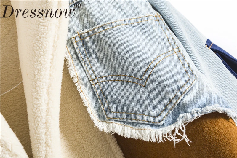 Dressnow, женская короткая джинсовая стеганая куртка, для девушек, плюс бархат, толстая овечья шерсть, пальто, женские модные зимние пальто