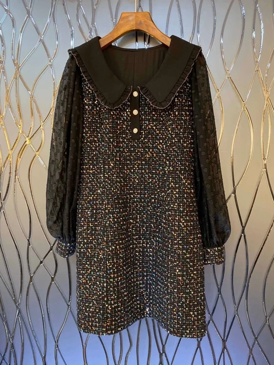 autumn Early new women's Lapel sequins shiny decorative long-sleeved dress 1007