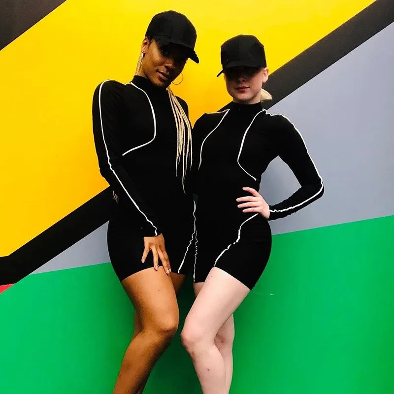 

Sexy V-Neck Reflective Striped Playsuit Casual Rompers Women Full Sleeve Zipper Skinny Jumpsuits Patchwork Elastic Bodysuits
