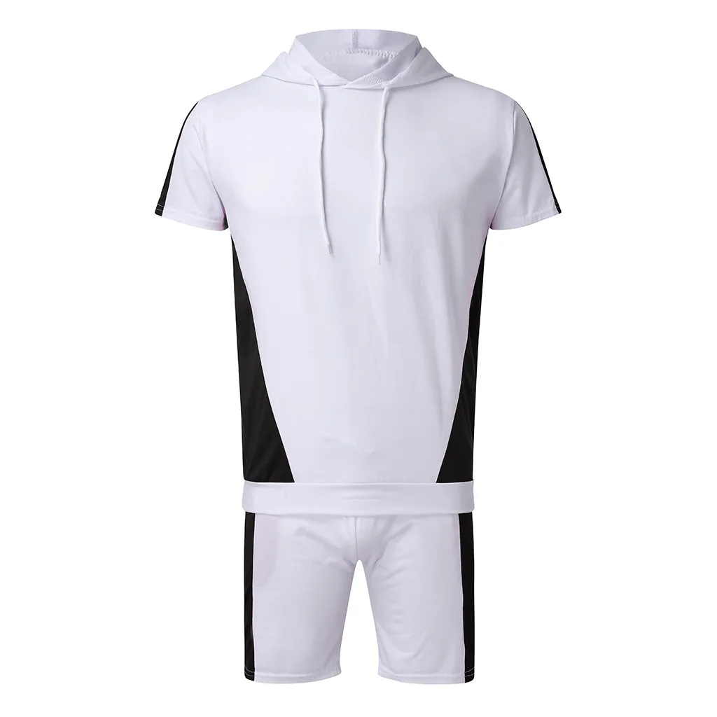 

JAYCOSIN Men Suits Men Hooded Outfit Pocket Sports short sets man Two Piece Set Polyester Patchwork suit Daily summer male set