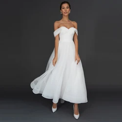 White Short Wedding Dress For Bride Party Gown Off Shoulder Sweetheart Sleeveless A Line Ankle Length Pleat Plus Size Vestidos