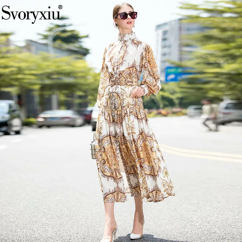 Svoryxiu vrouwen Runway Herfst Winter Maxi Jurk Elegante Stand kraag Lantaarn Mouw Bohemian Gedrukt Holiday Lange Jurken